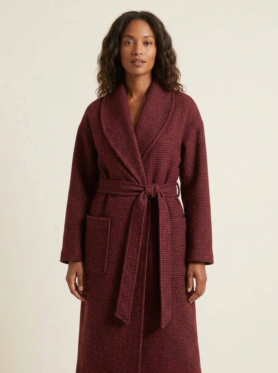 Women's Classic Houndstooth Pattern Belted Wool Blend Coat