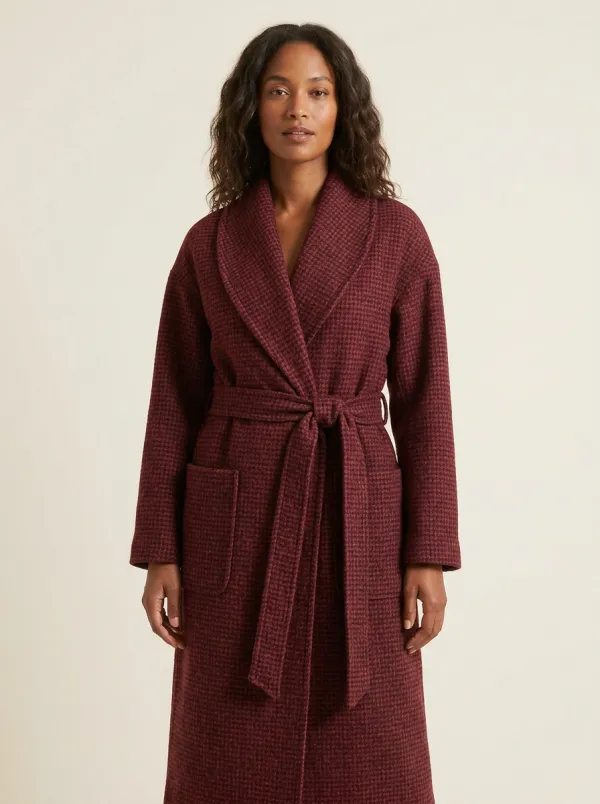 Women's Classic Houndstooth Pattern Belted Wool Blend Coat