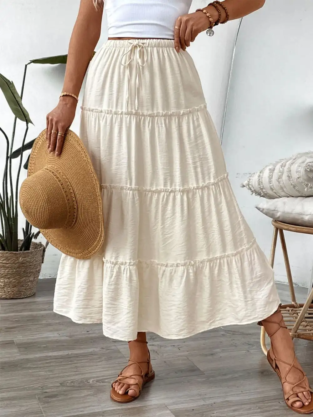 Natural Drawstring Frill Skirt