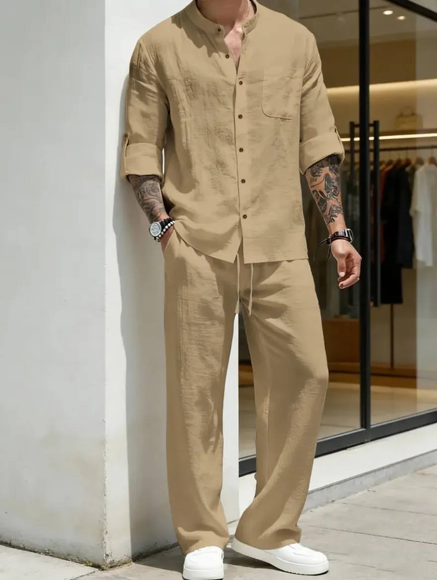 Men's Linen Stand Collar Long Sleeve Casual Suit