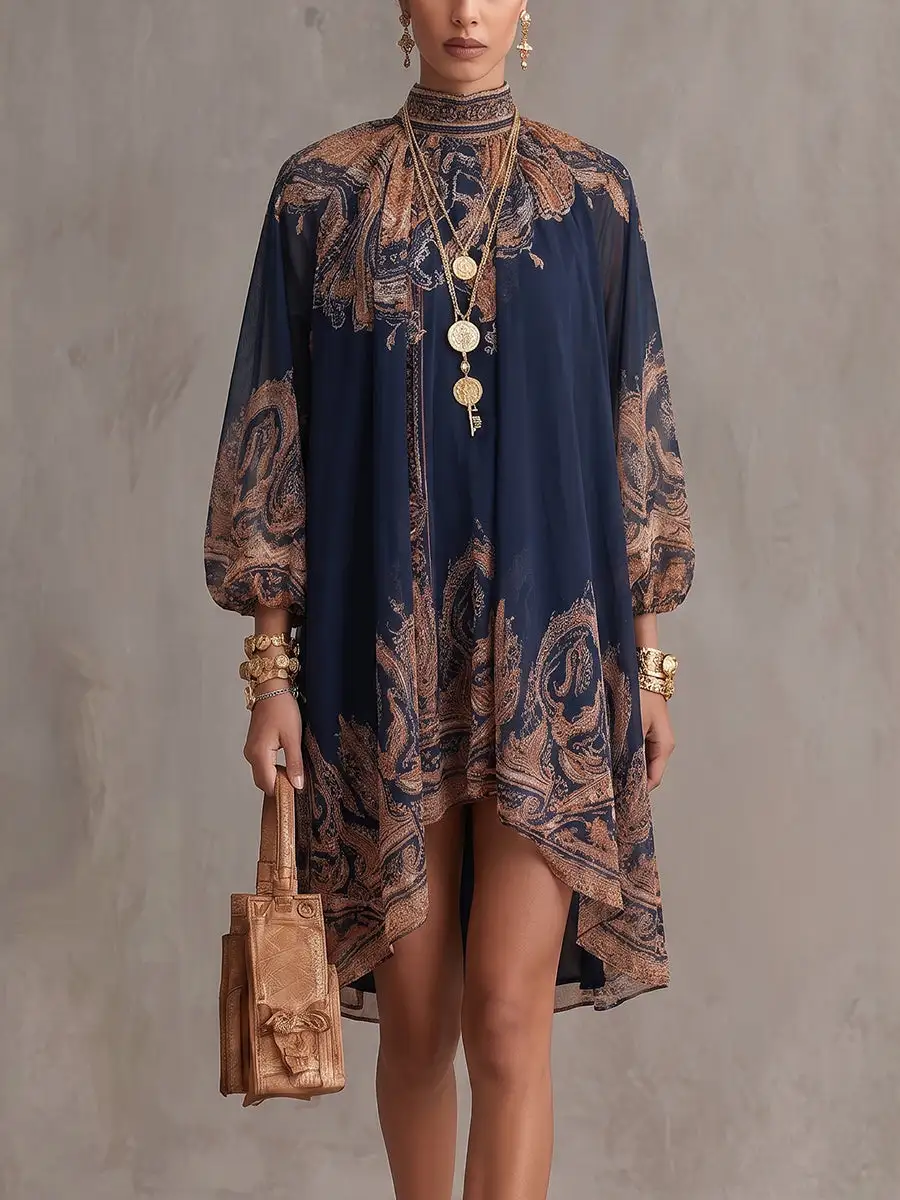 High Low Long Sleeve Pleated Printed Mock Neck Mini Dress