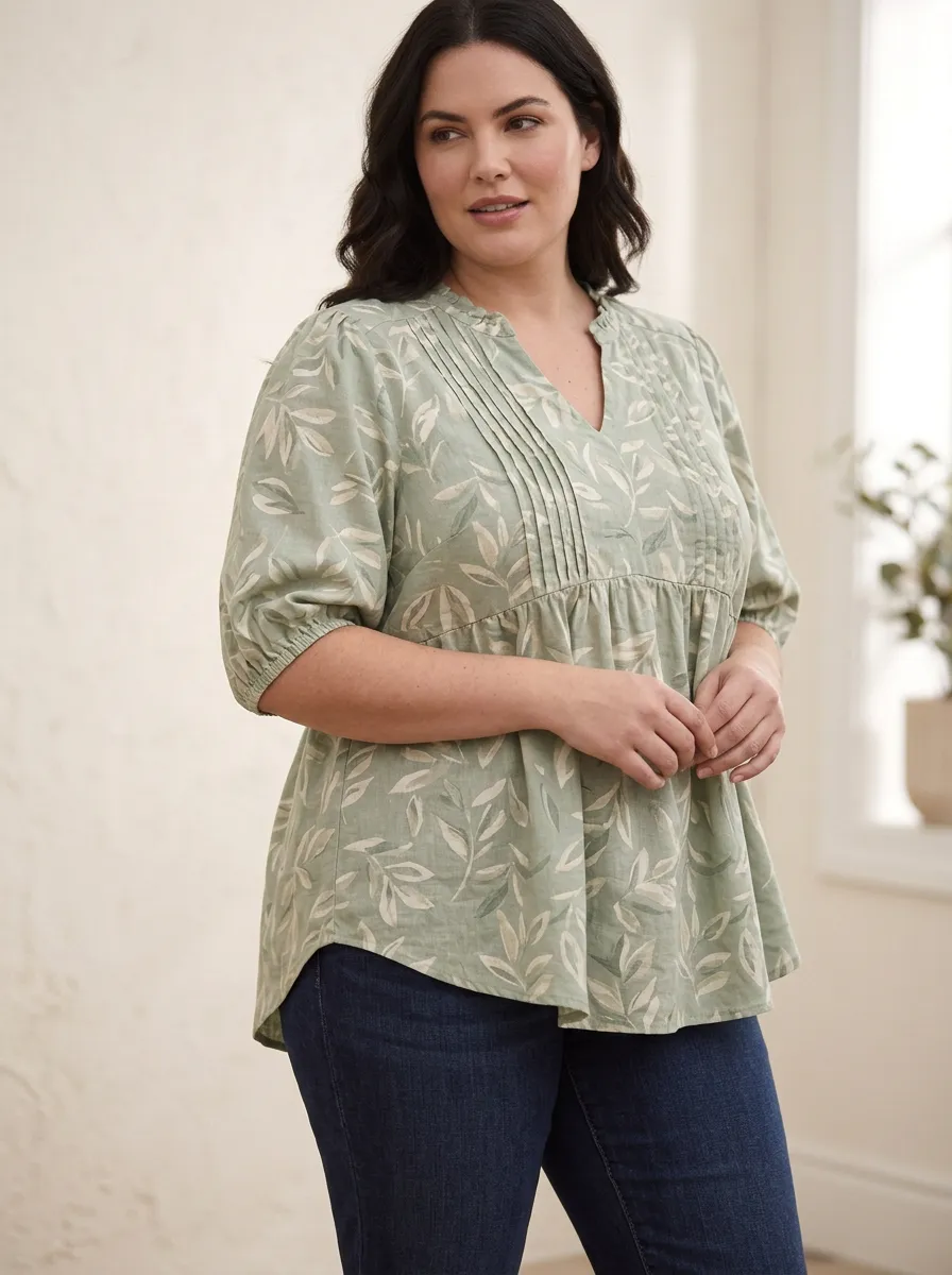 Women's Plus Size Sage Green Leaf Printed Pleated Blouse