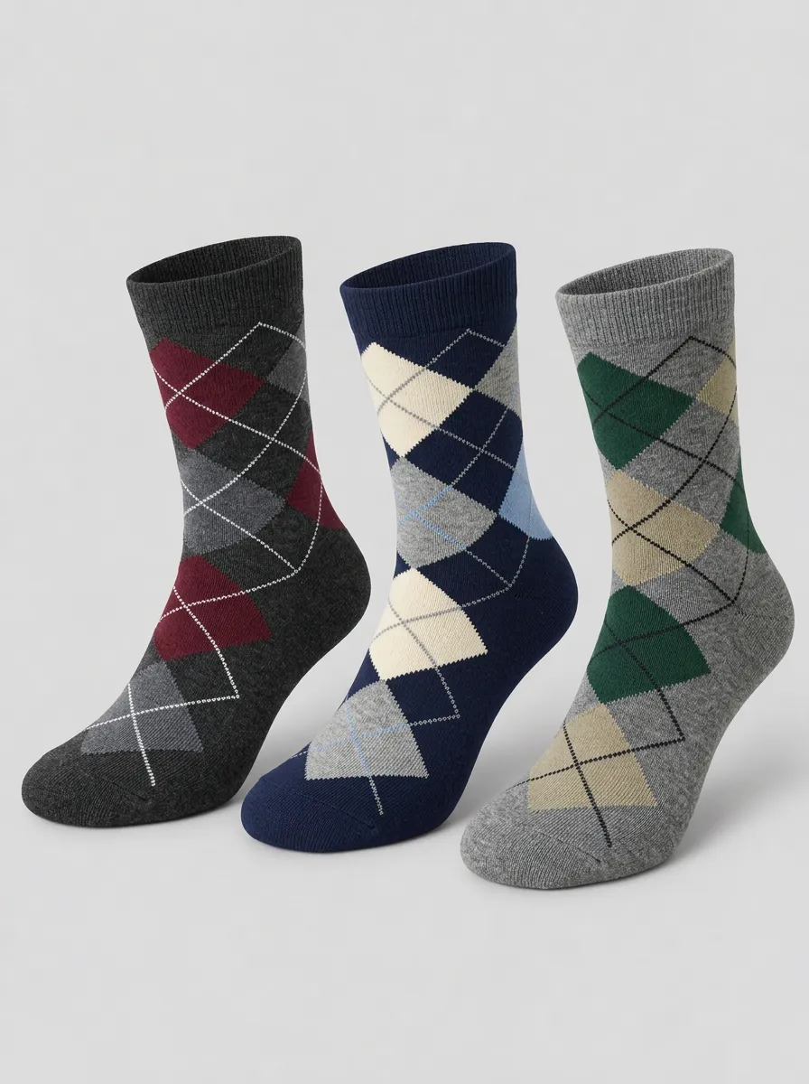 Men's Multicolor Argyle Pattern Ribbed Mid-Calf Crew Socks 3-Pack
