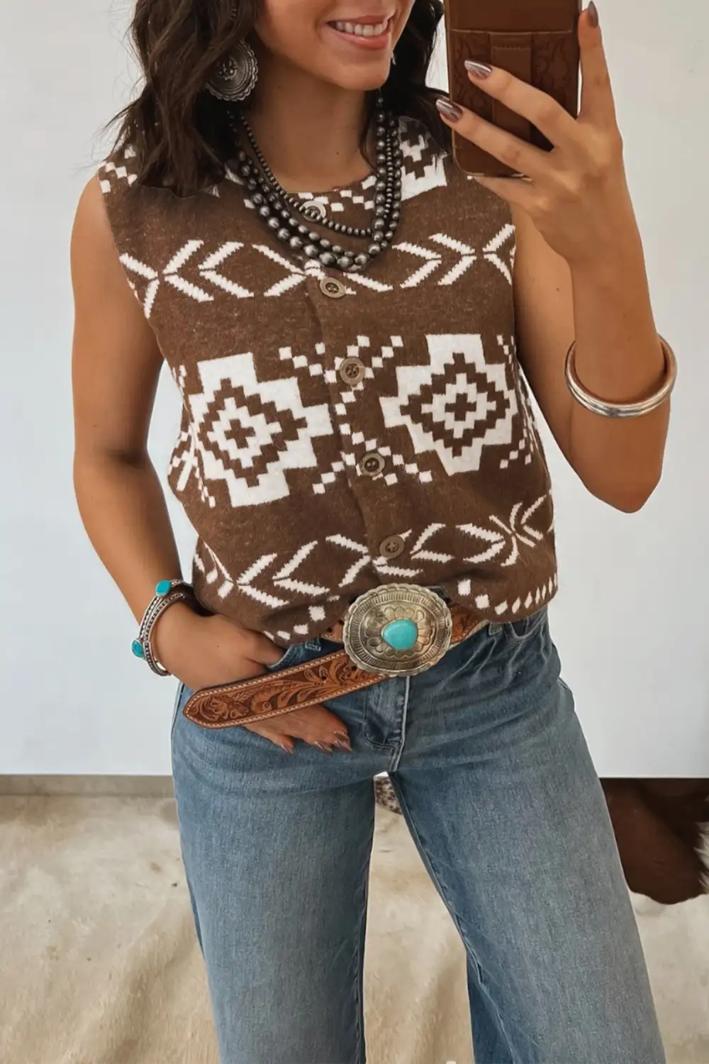 Southwestern Aztec Button Square Neck Sweater Vest