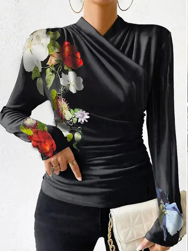 Long Sleeve Slim Fit Floral Print Pleat Detail Panel Detail V-Neck T-Shirt