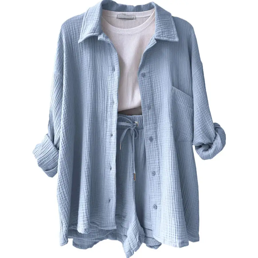 Relaxed Textured Button Up Shirt and Shorts Set