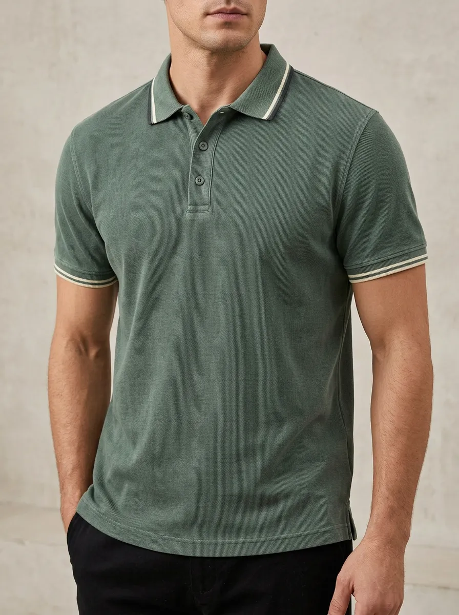 Men's Casual Vintage Green Striped Collar Polo Shirt