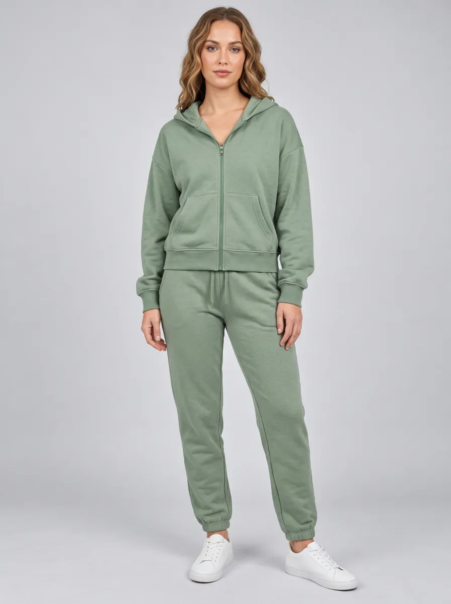 Women's Sage Green Tapered Joggers Relaxed Fit Zip-Up Hoodie Jacket & Jogger Set
