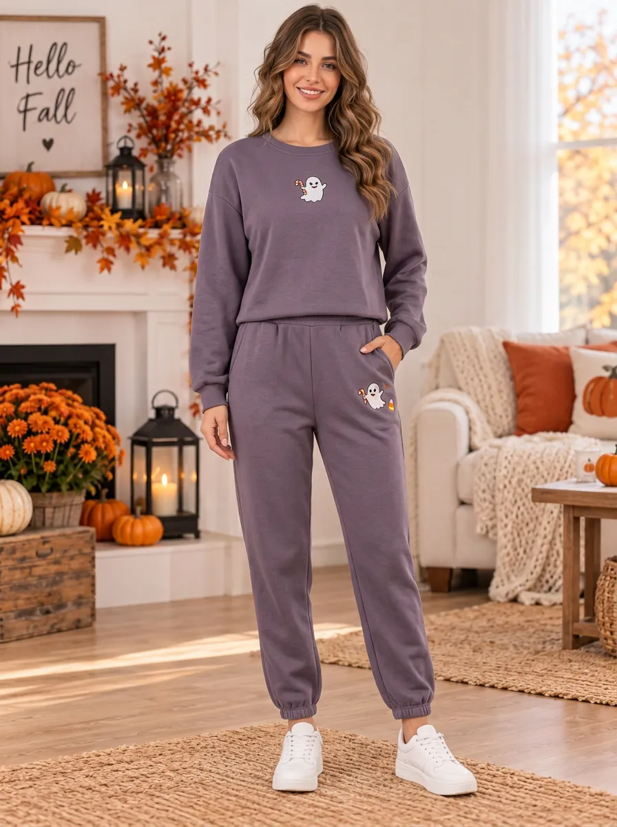 Women's Dusty-Purple Ghost-Candy-Corn Embroidered Crewneck-Sweatshirt & Joggers Two-Piece Set