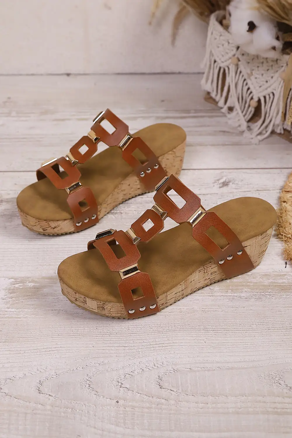 Cutout Faux Leather Wedge Sandals