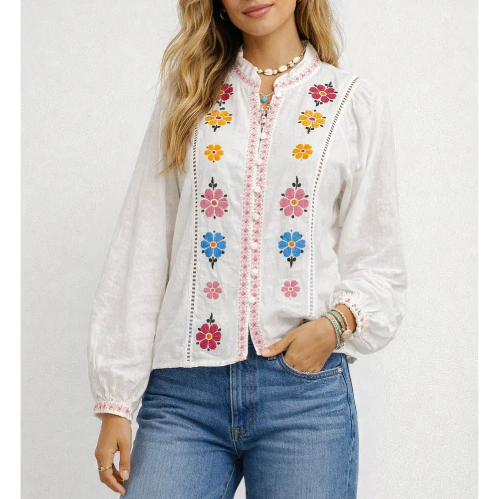 Boho Embroidery Ruffle Stand Neck Button Blouse
