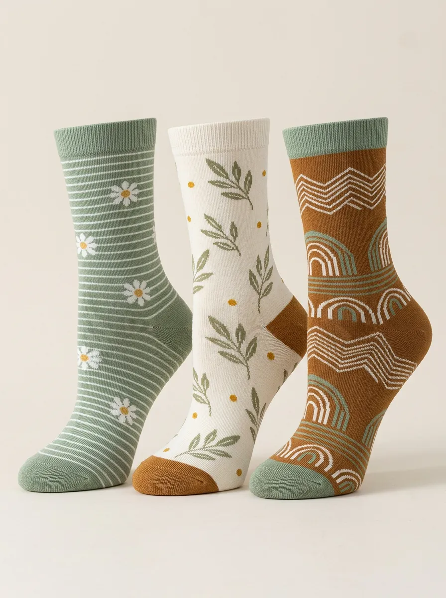 Daisy Rainbow Leaf Pattern Three Pair Sock Set