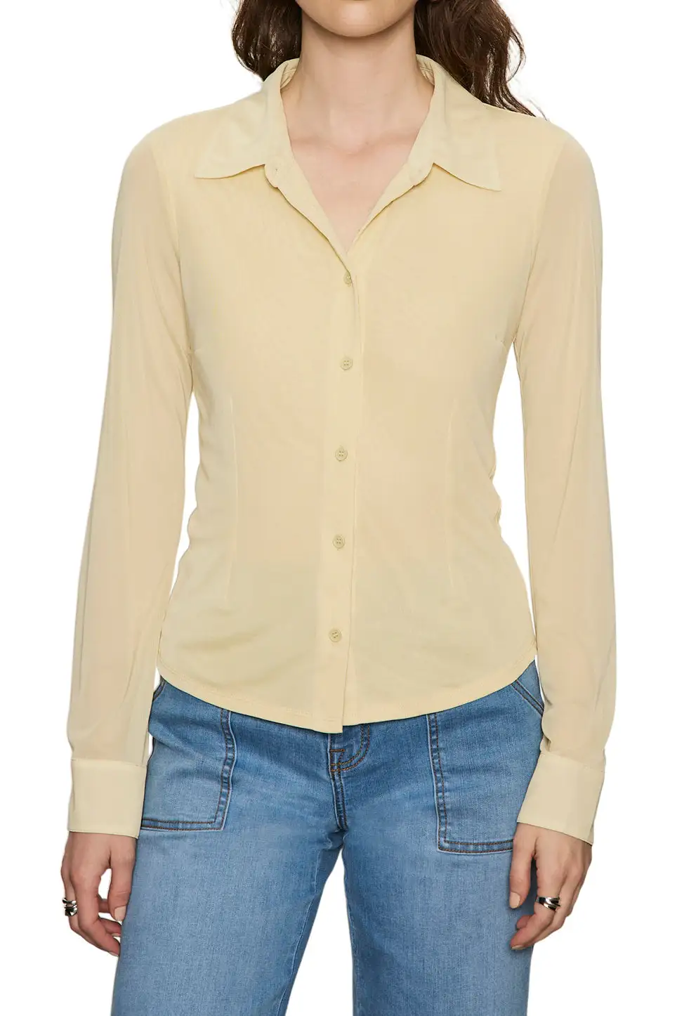 Mesh Button Front Collared Fitted Shirt