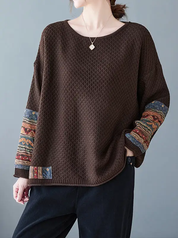 Printed Paneled Round Neck Long Sleeve Relaxed Fit Pullover Sweater
