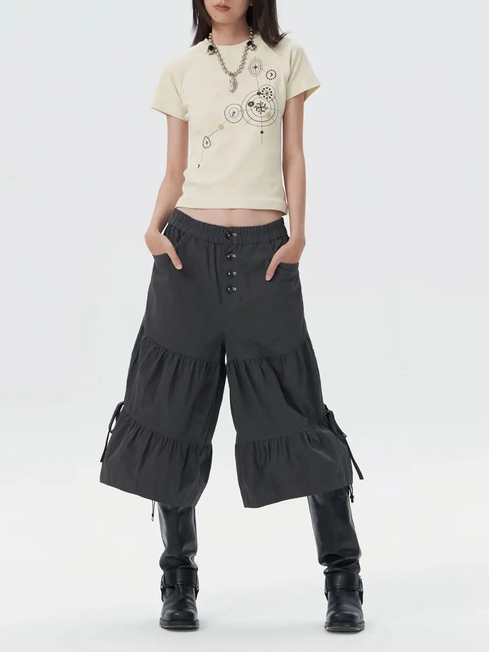 Wide-Leg Drawstring-Waist Drawstring Cargo Pants
