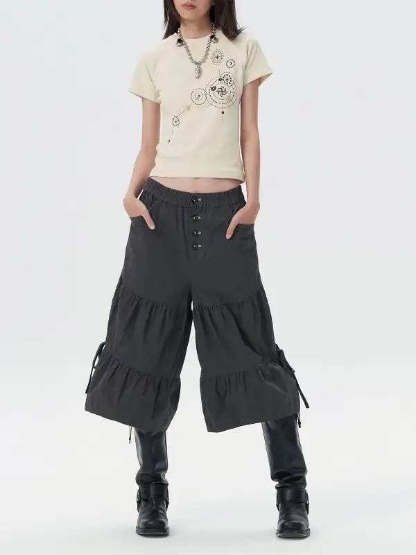 Wide-Leg Drawstring-Waist Drawstring Cargo Pants
