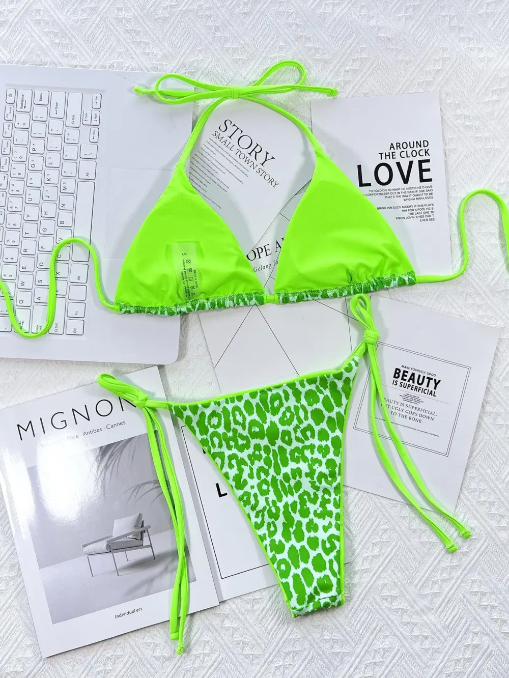Leopard Print Halter Neck Tie Bikini Swim Set
