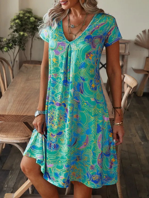 Plus size V Neck Casual Short Sleeve Printed Dress