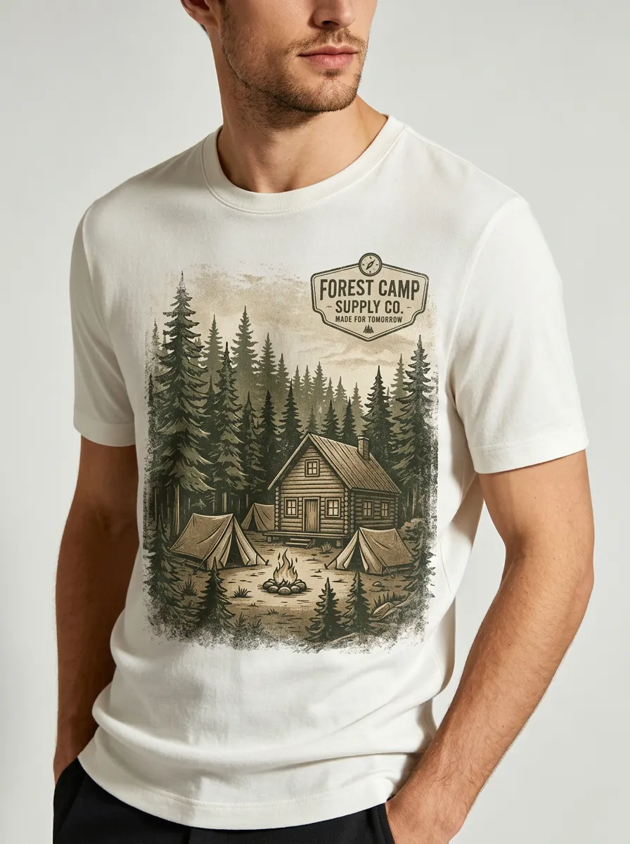 Men's Camping Lover Forest Cabin Tent Printed T-shirt