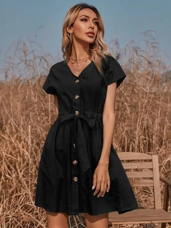 Women Solid Drawstring Waist Button Front Dress