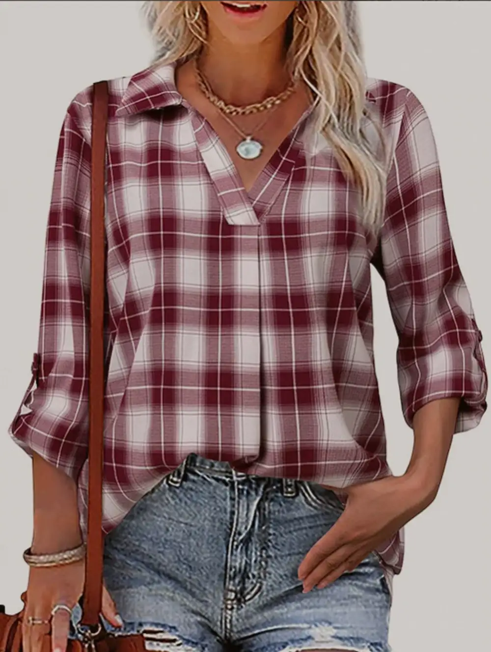V-Neck Lapel Loose-Fitting Plaid Shirt