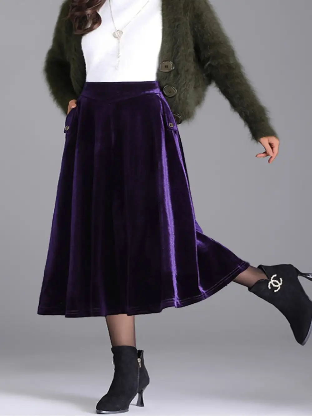 Plus Size Elegant Velvet A-line Midi Skirt