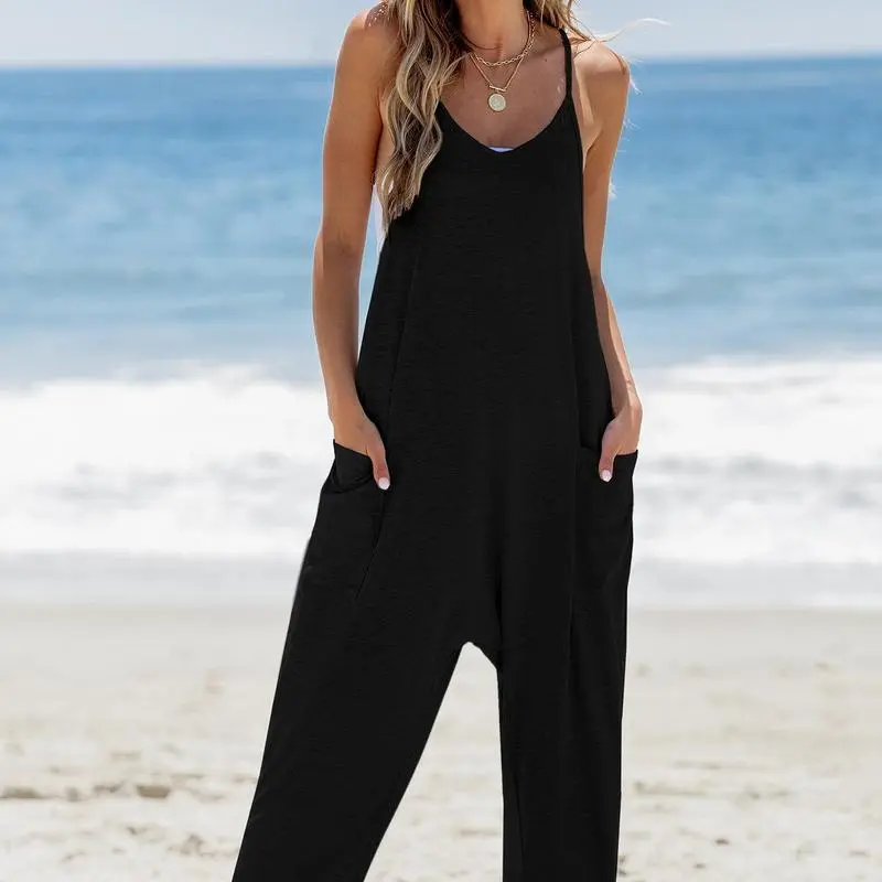 Women'S Basic Plunge Halter Sleeveless Pleated Long Romper Knit Jogger Maxi Jumpsuit With Pockets Spring Summer Womenswear Overalls
