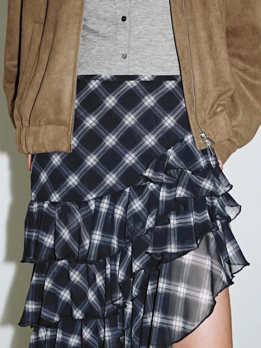 Lady's Dark Grey Checkered Asymmetrical A-Line Pleated Dress