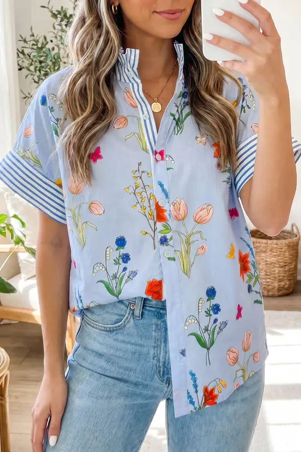 Soft Floral Ruffle Sleeve Casual Shirt