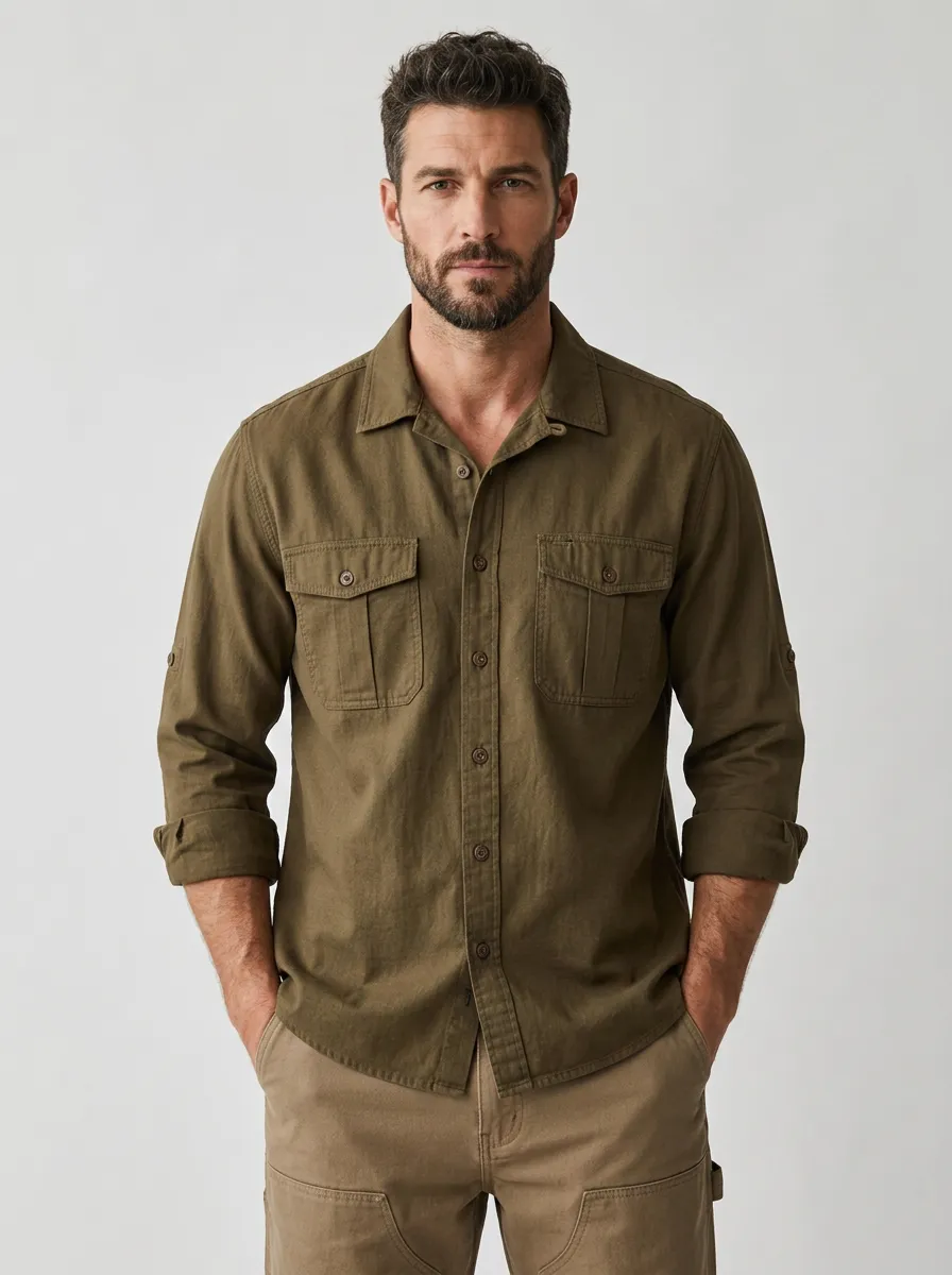 Men's Casual Olive Green Utility Pocket Long Sleeve Shirt