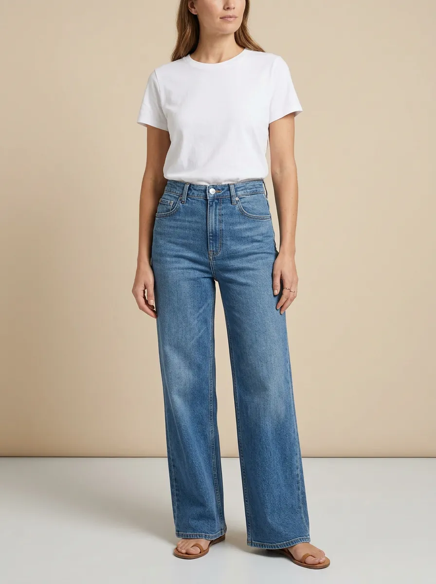 Women's High-Waisted Wide-Leg Denim High-Rise Waist Belt Loops Jeans