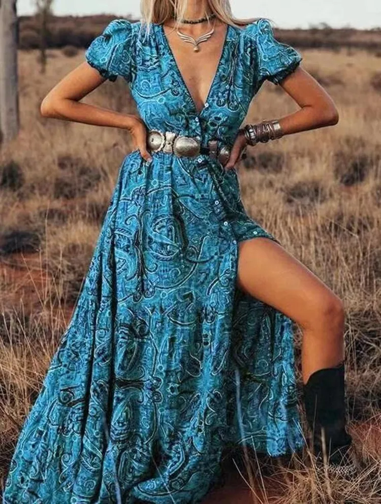 Women's Sexy Printed V Neck Short Sleeve Bohemian Vacation Dress