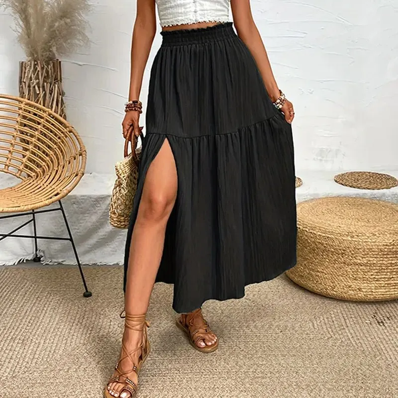Layered Ruffle Side Slit Midi Skirt