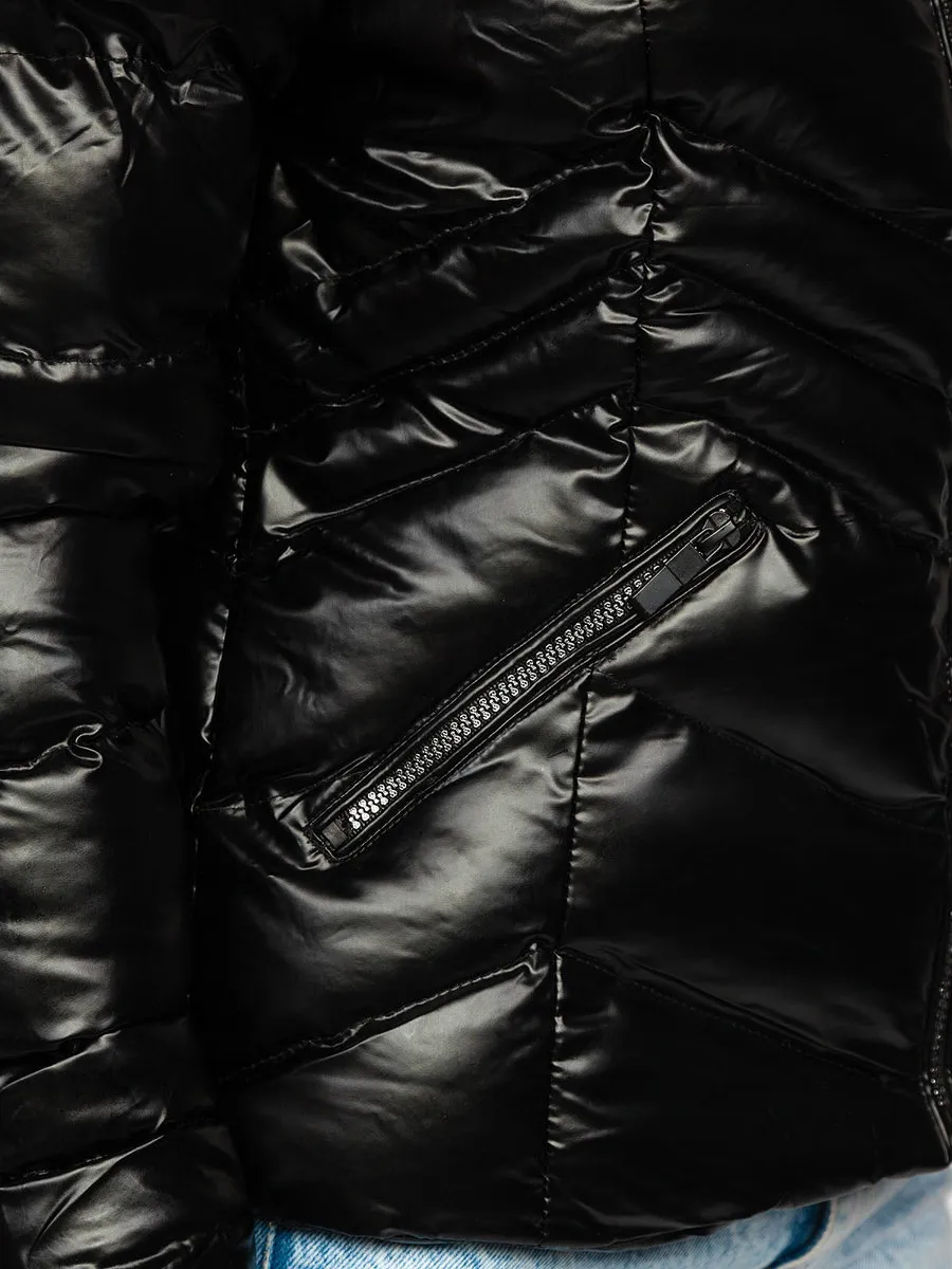 women's black quilted winter jacket with hood
