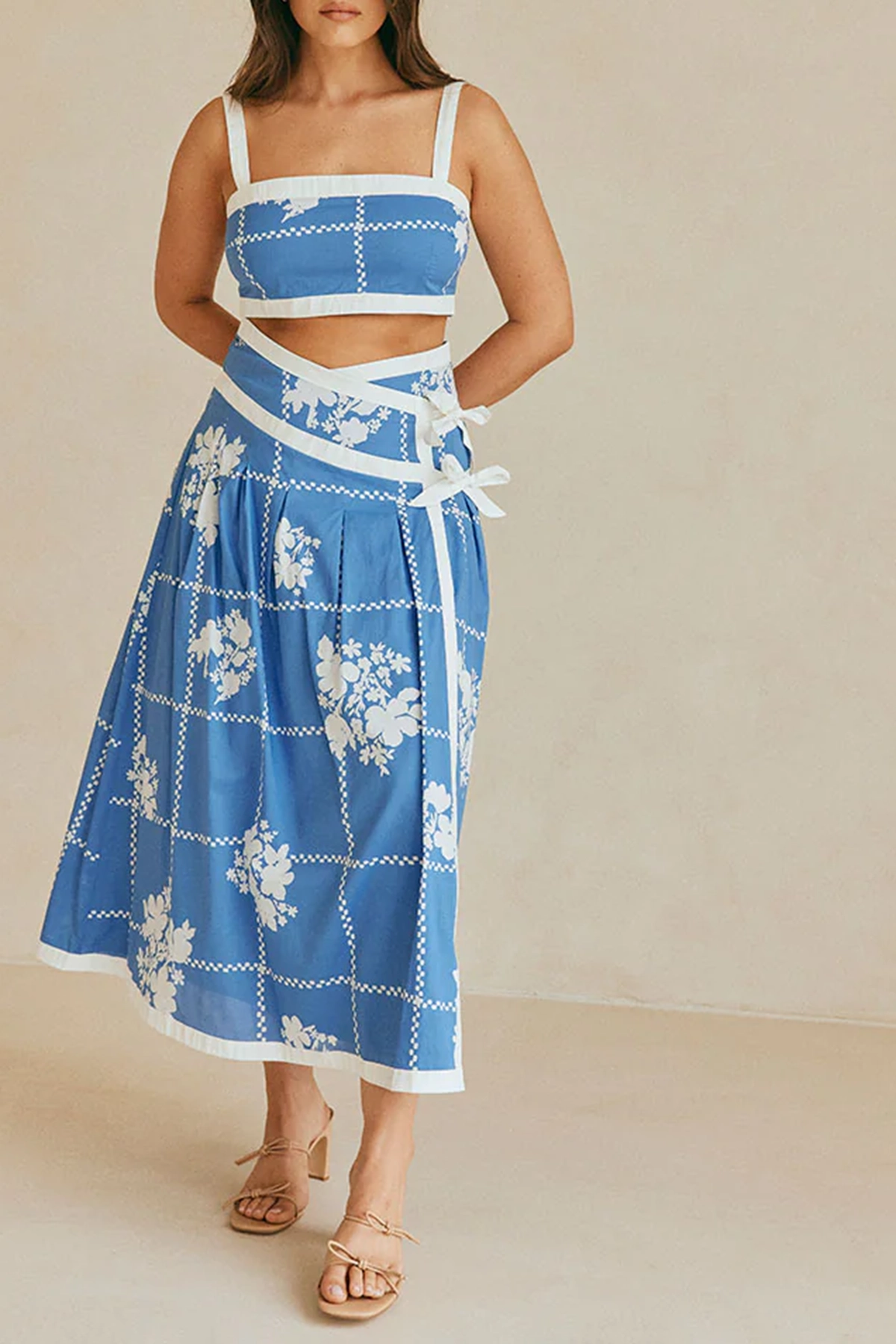 Checkered Floral Print Midi Skirt