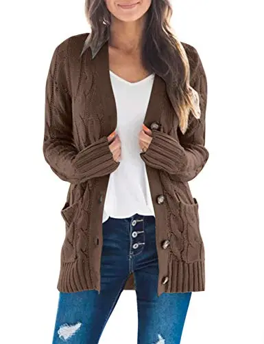 Women's Long Sleeve Cable Knit Sweater Open Front Cardigan Button Loose Outerwear