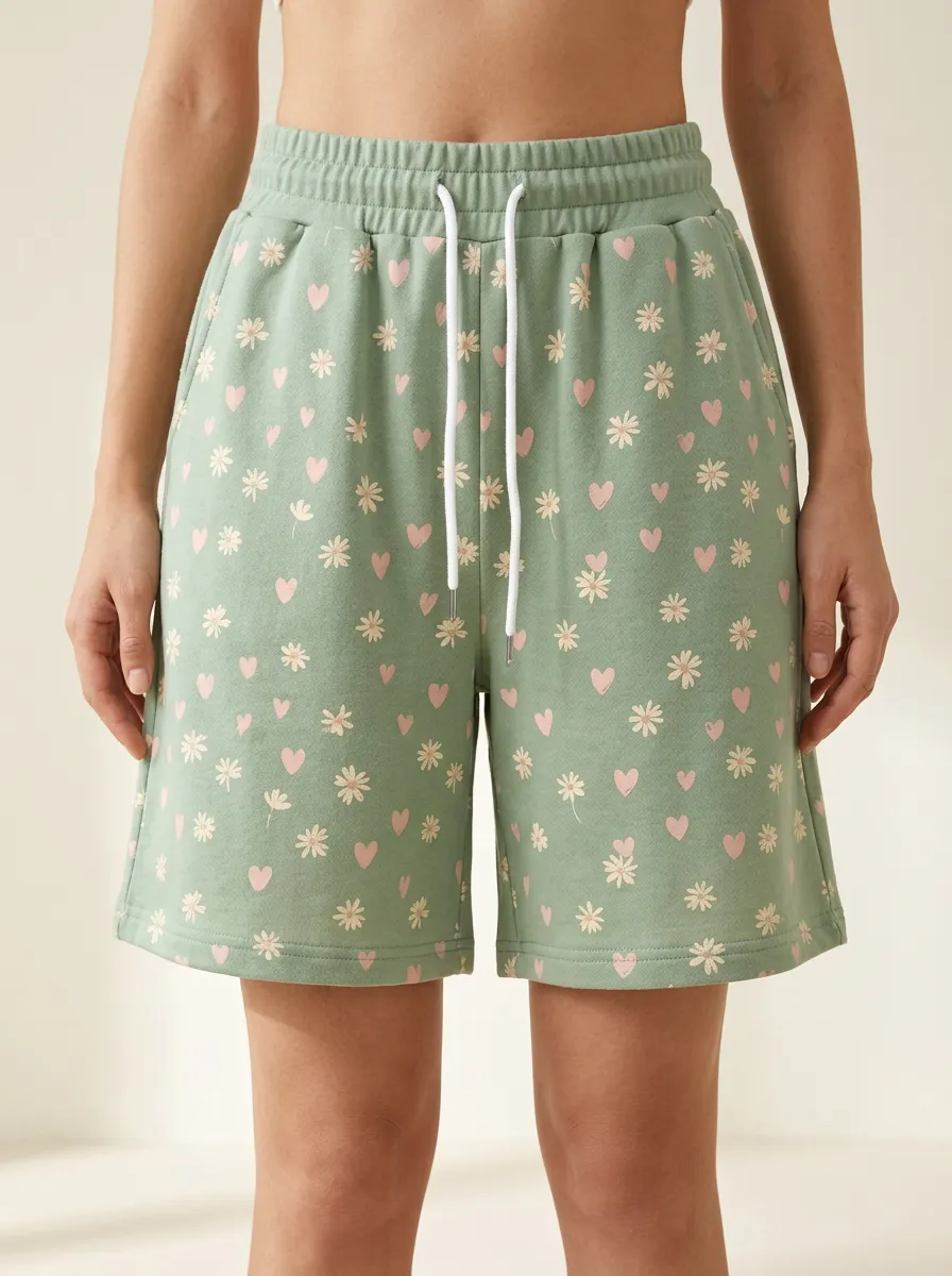 Women's Floral Daisy Heart Drawstring Printed Sweat Shorts