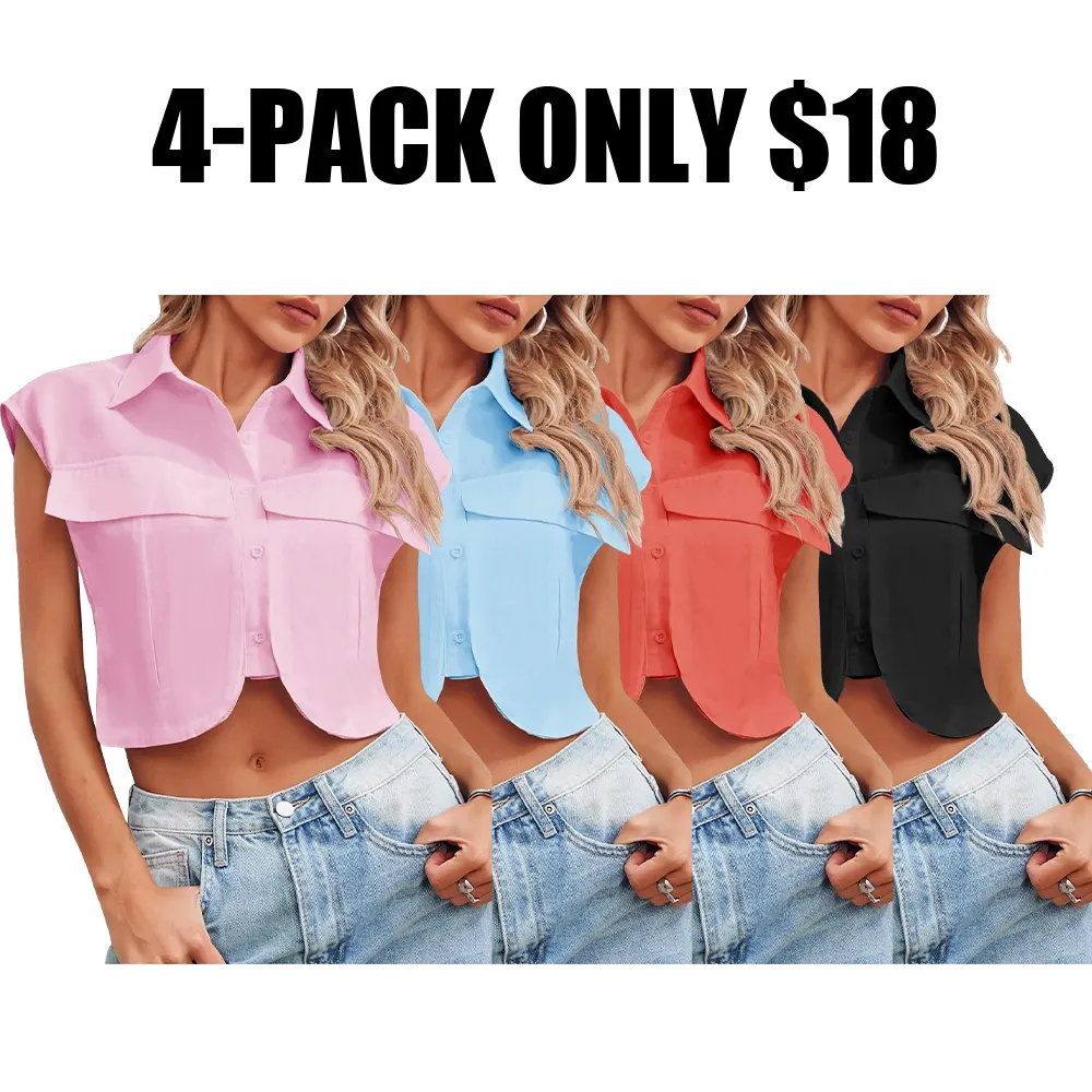 Womens Button Down Shirts Cute Summer Cap Sleeve Crop Tops