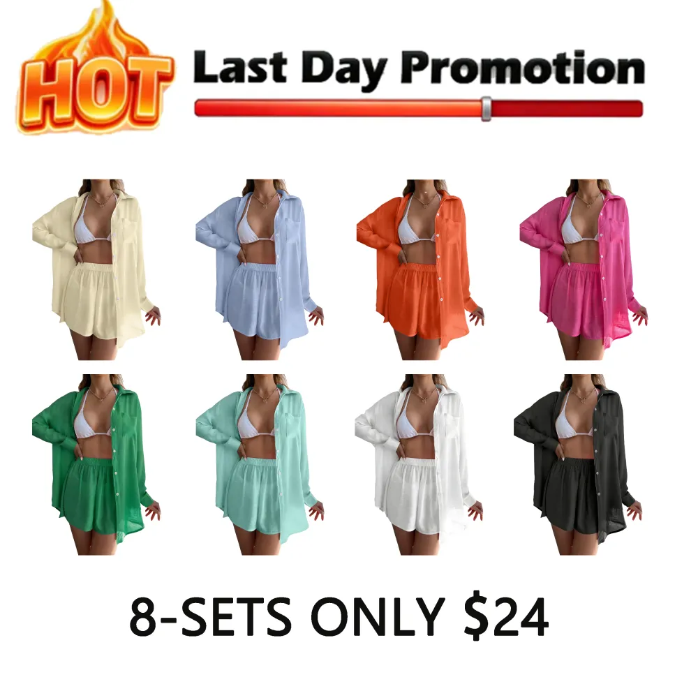 Women's Solid Button-Front Pocket Sheer Cover-Up Shirt & Shorts Set, Casual Drop-Shoulder Long-Sleeve Top & Shorts for Beach Vacation, Ladies Summer Swimwear Clothes