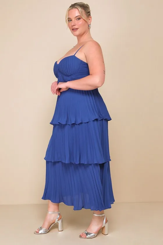 Cascading Crush Light Blue Tiered Bustier Midi Dress