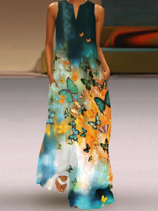 Ladies Vintage Printed V-neck Sleeveless Maxi Dress