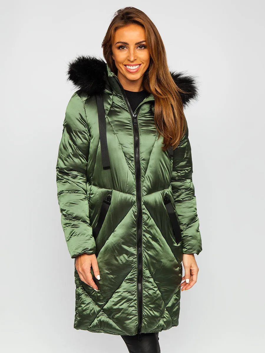 women's green quilted winter jacket with hood