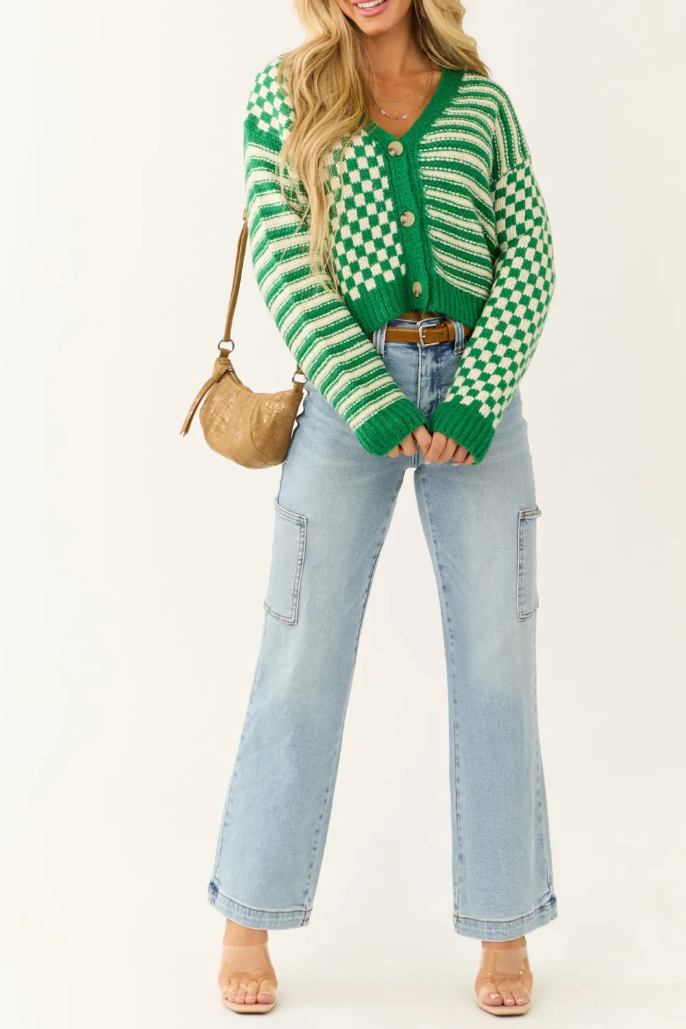 Jade and Cream Checkered and Stripe Print Cardigan