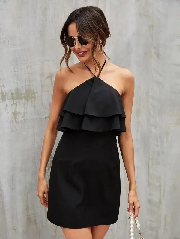 Women Solid Tiered Layer Tie Back Halter Dress