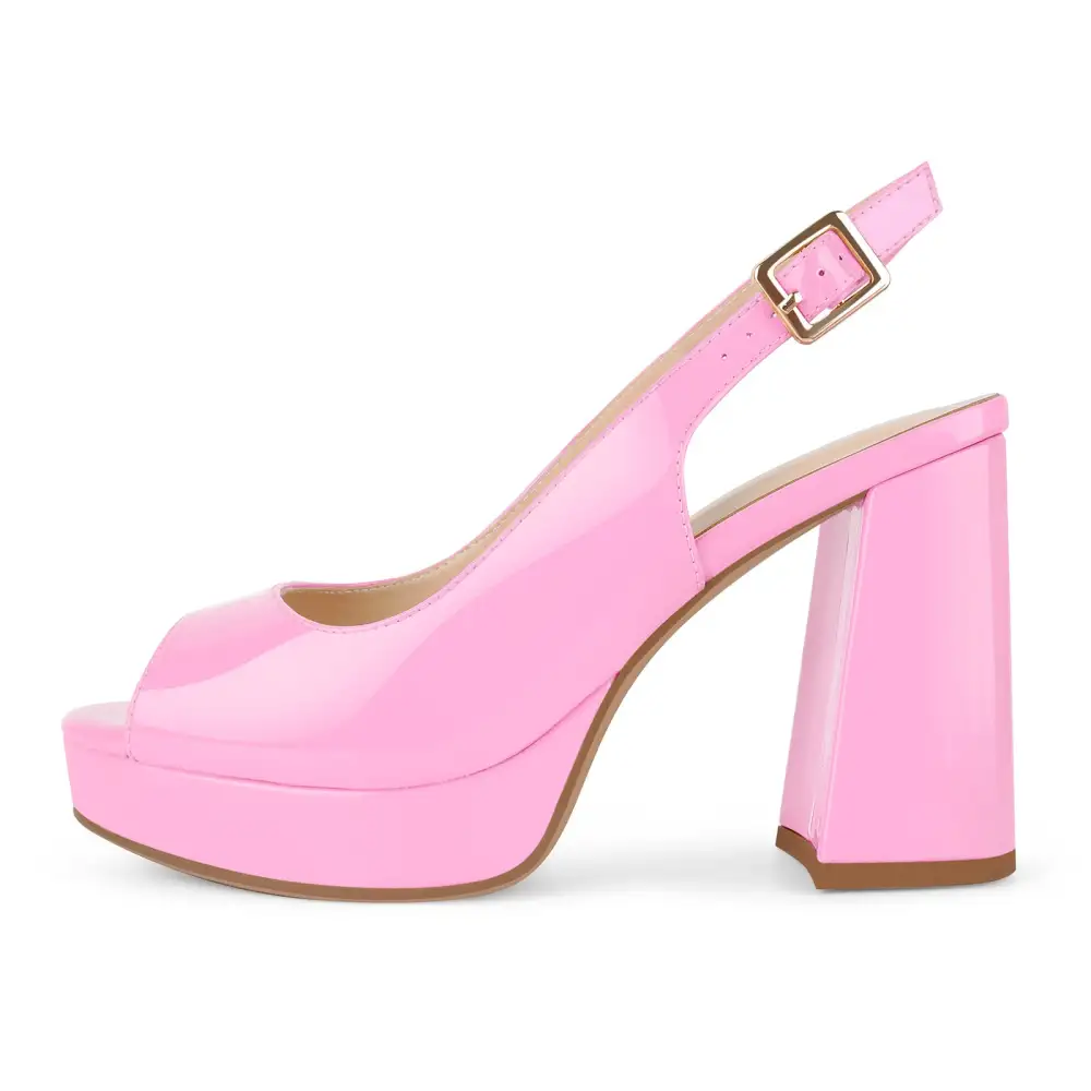 Patent Finish Peep Toe Platform Chunky Heel Slingback Pumps