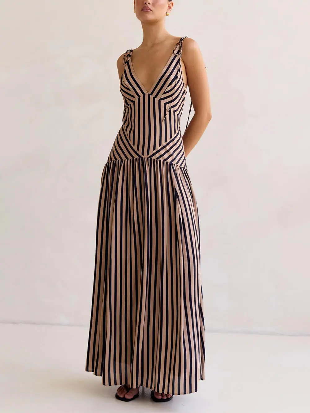 Stripe Print V Neck Maxi Dress