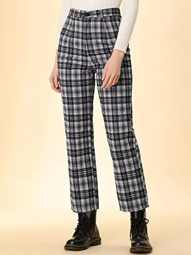 Women's Plaid Cropped Trousers Button Casual Tartan Check Work Pants