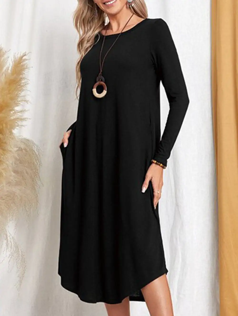 Midi-Length Round Neck Long-Sleeved Dress