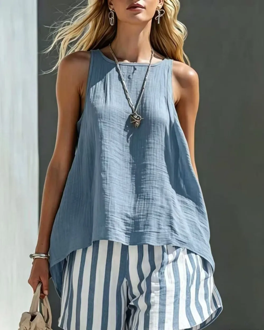 Flared Tank Top and Striped Shorts Set