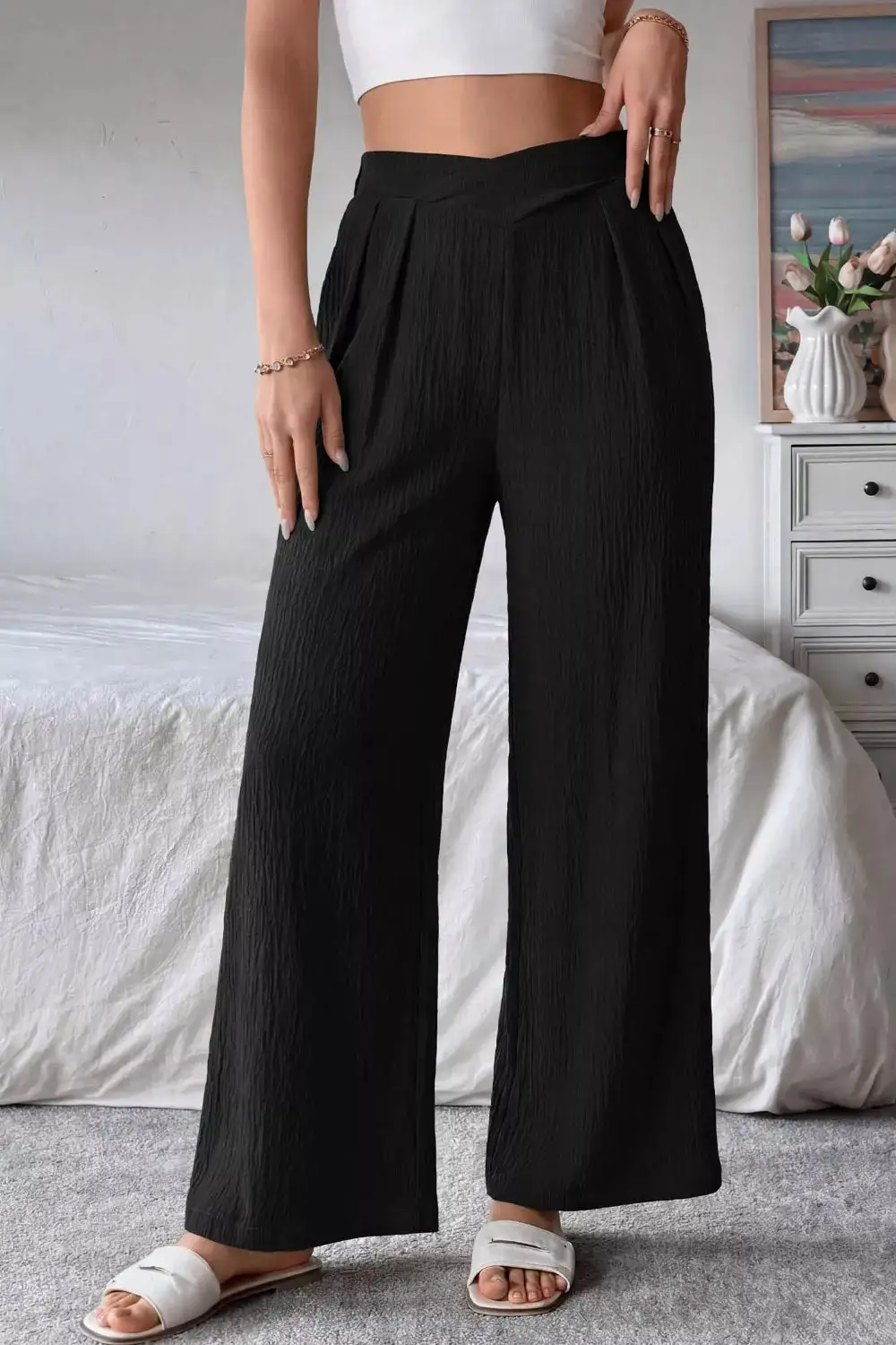 Solid Textured Crossed Waist Loose Pants